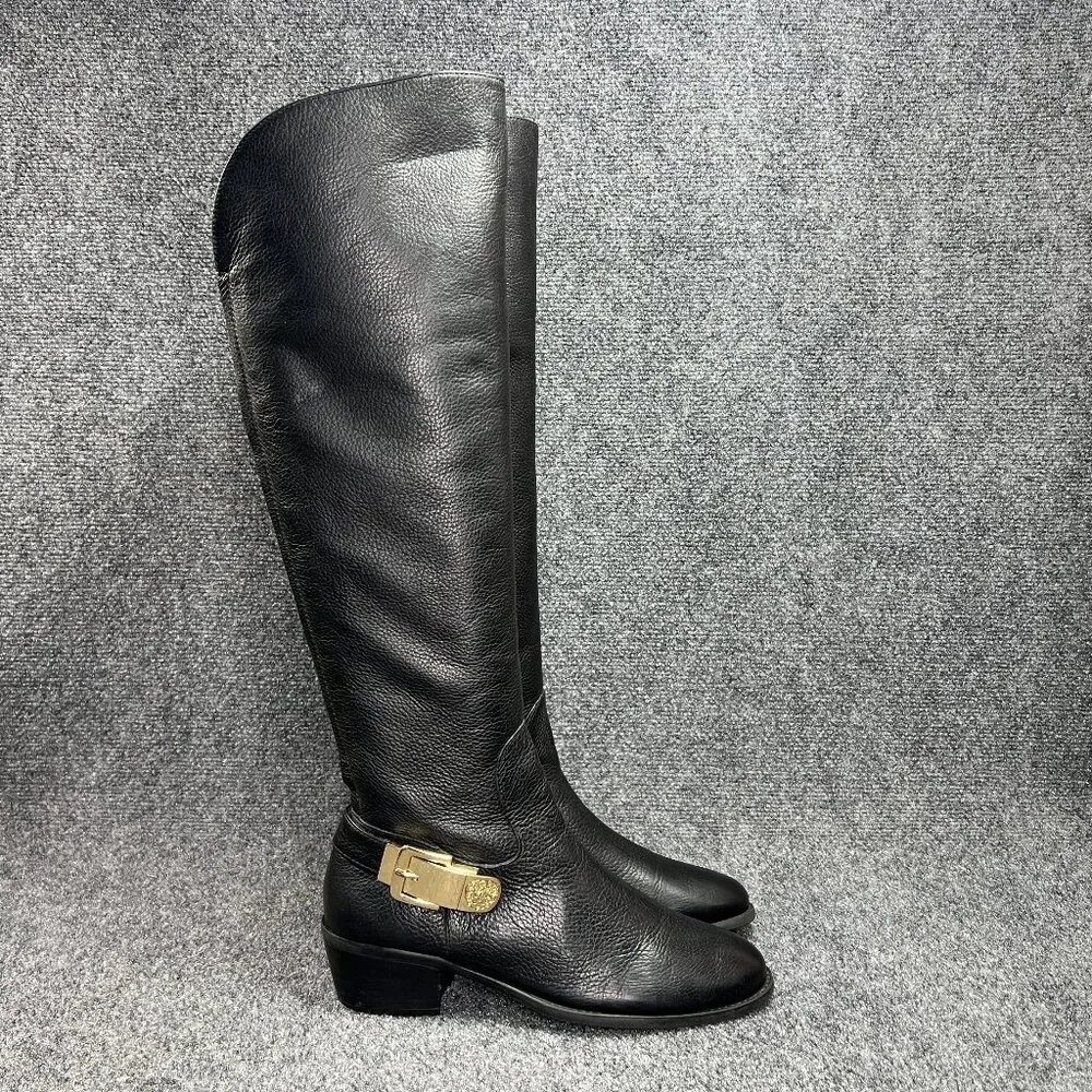 Vince Camuto Bedina‎ Tall Boots Women's 9 Black Leathe Over The Knee Gold Buckle
